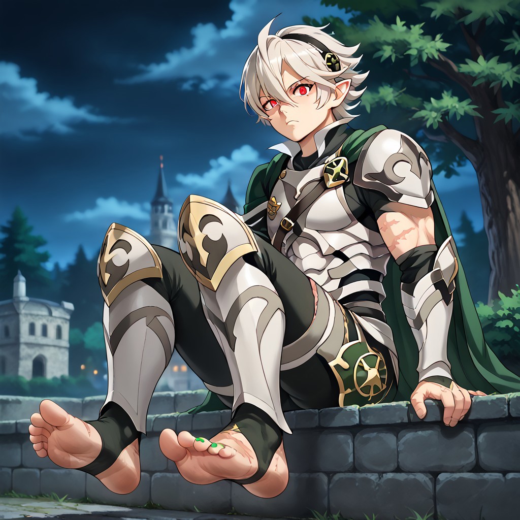 masterpiece, best quality, sharp aliasing, highly detailed, 1male, male body, male,EPfeCorrin, dark green cape, armour, dark green gloves, black pants, wearing pants, outdoors, night, dark, stone ground, tree, bush, buildings, windy, barefoot, toeless legwear, armoured legwear, armoured arms, shin armour, leg armour, leg and shin armour, shin guards, stirrup legwear, dark green stirrups, 5 toes, Quality, High Definition, Full body view, solo, slimes_sanemi, scar, scars, scar on face, scar on chest, scar on forehead, white hair, muscular, red eyes, slit eyes, glowing eyes, pointy ears, sitting, green sword, green toenails, dirty feet, side view, annoyed expression, sitting on ledge, feet, soles, foot focus, looking at viewer