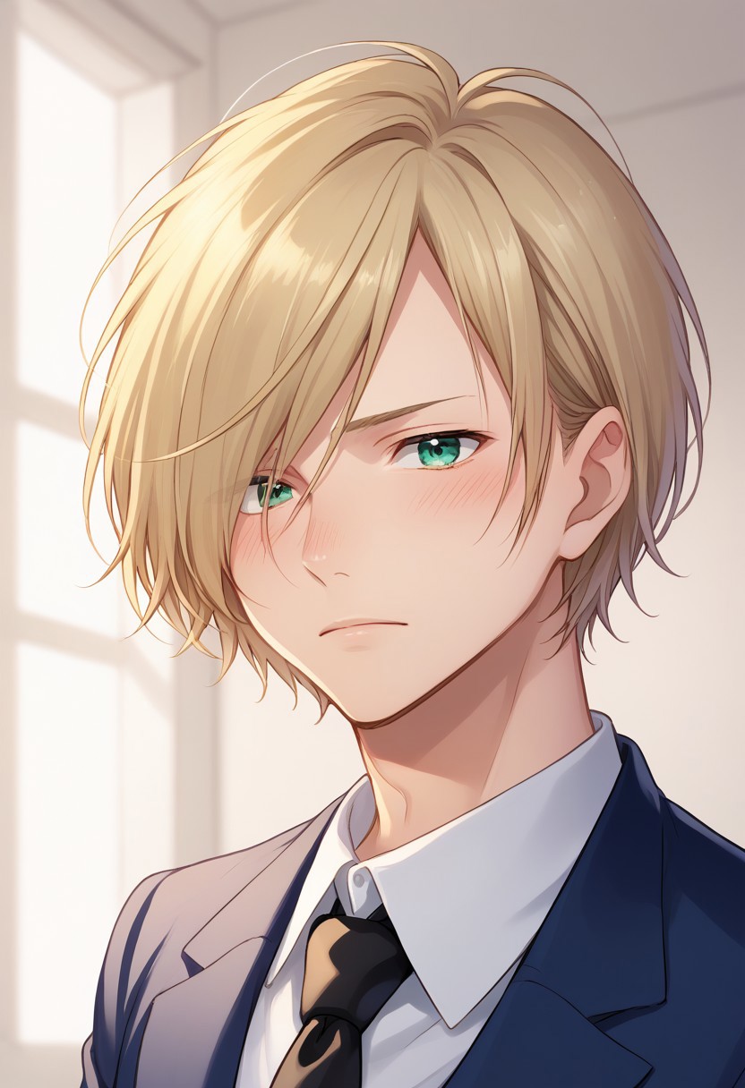 score_8_up, score_7_up, source_anime, highly detailed, 
yurio, 1boy, male focus, blonde hair, green eyes, hair over one eye, solo, formal, suit, blue suit, shirt, necktie, blush,
indoor,