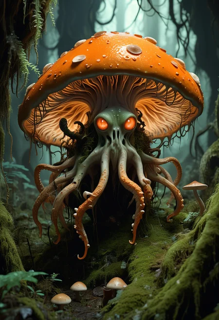 (medium full shot) of (exotic hybrid creature) with mossy orange skin, exoskeleton plates, webbed hands, extra eyes on the forehead, tentacles, ethereal glow, luminescent moss, in set in a dense fungal cavern, with a forest of giant mushrooms and toadstools, their luminescent caps creating an eerie, magical glow, ,Masterpiece,best quality, raw photo, realistic, very aesthetic