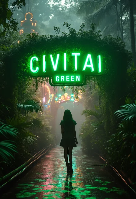 photo of a woman walking through an amusement park overgrown with lush jungle vegetation with a green neon sign that reads "CIVITAI GREEN", high contrast, highly detailed, photorealistic, film grain