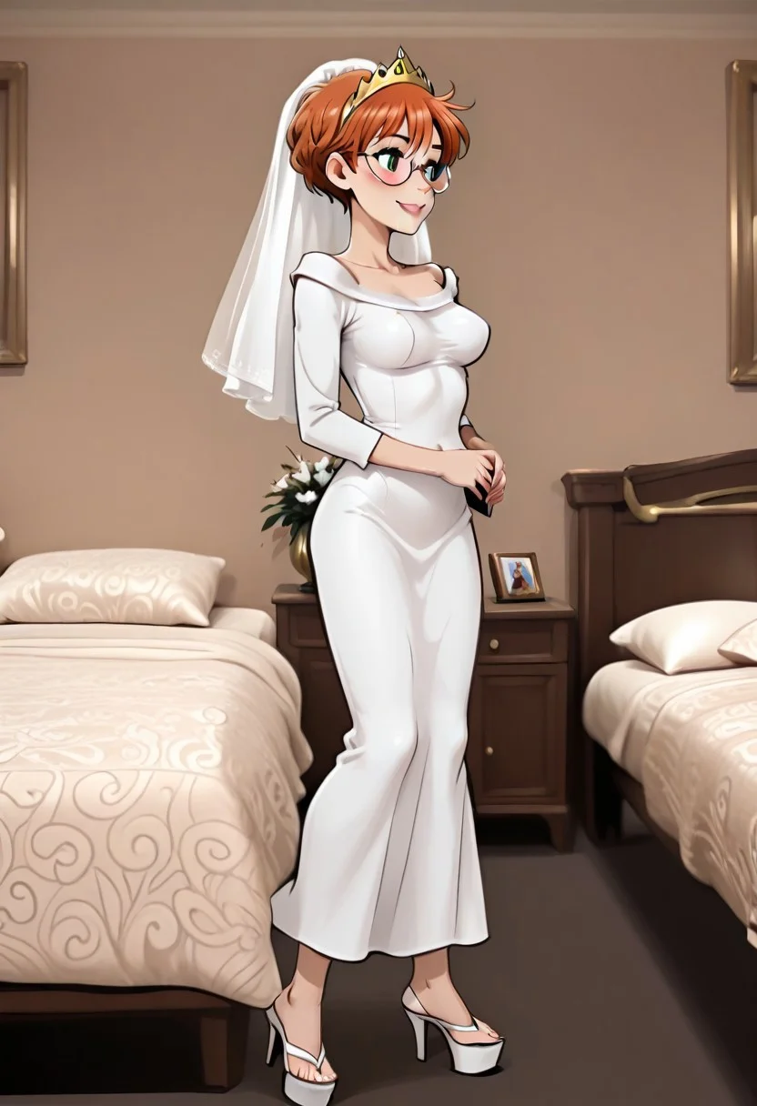 masterpiece, best quality, absurdes, 1girl, solo,
<lora:Rena (Anders Loves Maria) (Illust):0.8>
Rena_Girl, round glasses, green eyes, orange hair, pixie cut, smile, Full body, barefoot, standing,
blush, medium breasts,
Wedding dress, Wedding veil, Golden tiara, white high heels sandals, sandals, high heels,
Indoors, bedroom, Cruise ship, detailed background,
<lora:Detailer_NoobAI_Incrs_v1:0.4> detailed,
<lora:princess_rc_il:0.5>