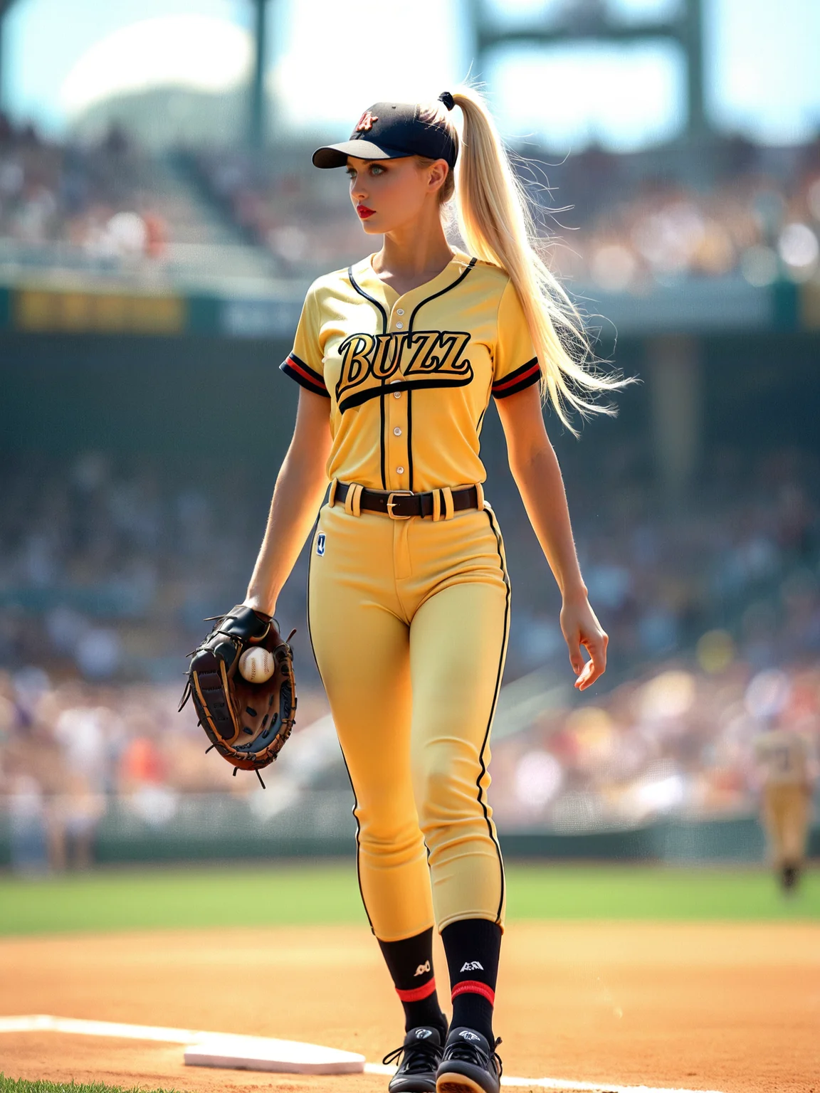 cinematic film still a woman in a baseball uniform standing on a field with a glove in her hand and a ball in her hand, Anita Kunz, orange, a statue, arabesque . shallow depth of field, vignette, highly detailed, high budget, bokeh, cinemascope, moody, epic, gorgeous, film grain, grainy