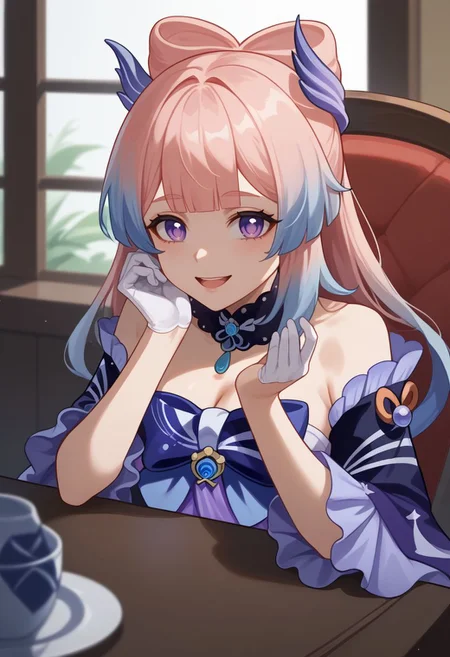 score_9, score_8_up, score_7_up, source_anime, 1girl, kokomidef, medium breasts, purple eyes, pink hair, long hair, gradient hair, multicolored hair, sidelocks, blunt bangs, bow-shaped hair, hair ornament, choker, blue bow, bowtie, vision (genshin impact), detached collar, bare shoulders, detached sleeves, frills, frilled sleeves, wide sleeves, long sleeves, white gloves, half gloves, navel, white shorts, short shorts, white thighhighs, sitting, on chair, table, head rest, elbow rest, smile, open mouth, looking at viewer, indoors, portrait, close-up, upper body, facing viewer, <lora:Kokomi_v1-000010:1>