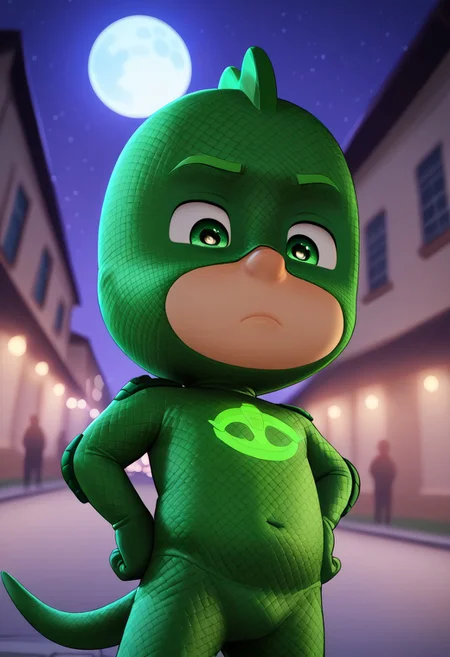 (score_9, score_8_up, score_7_up), highly detailed, cute boy, masterpiece, best quality, high quality, detailed, round face, round eyes, round pupils, shining eyes, petite, flat chested, aged down, cute, kawaii, short, 1boy, solo, Gekko Costume, Green Bodysuit, Green Eyes, Mask, Tail, at night, strong, full moon, dynamic pose, side view, dutch angle, narrowed eyes, low angle view, perfect detail, perfect eyes, perfect face, perfect mouth, night time, moonlighting, empty streets, outdoors, street, city background, textured costume, bold lines, hand on hip, bored, volumetric lighting, moon in background, ((blurred detailed background)), natural lighting, (ray tracing, good shadows), young, short male