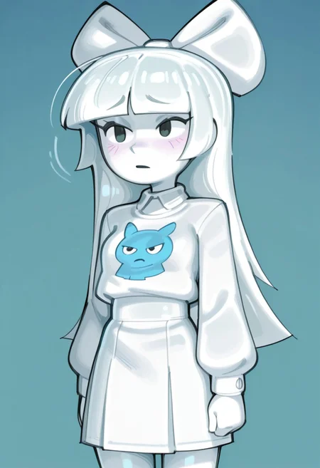 artist:wamudraws, 1girl, solo, PA (Sburb.exe), White hair, straight hair, hair bow, blunt bangs, Simple eyes, black eyes, colored skin, white skin, white shirt, white skirt,