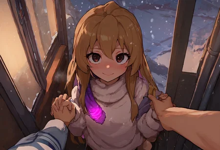 score_9, score_8_up, score_7_up, score_6_up, Aisaka_Taiga, 1girl, perfect face, cute, petite, brown eyes, colored inner hair, glowing hair, long hair, purple glowing scarf, white sweater, winter, snowing, glowing snowflakes, blush, shy smile, shy look, night, dimmed light, train station, train, snow, pov, holding hands, from above