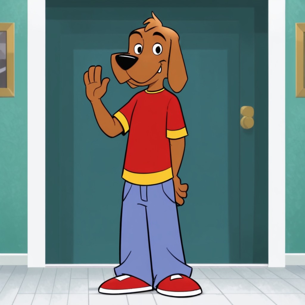 masterpiece, best quality, amazing quality, ScruffMcgrffil, anthro, male, bloodhound, brown fur, black eyes, long ears, fang, red shirt yellow trim, blue pants, red shoes white trim, standing, inside,  smile, waving, solo, 1boy, looking at viewer, <lora:cab1380c-bfeb-4944-b3ba-dba8bc371b3a:1.0>