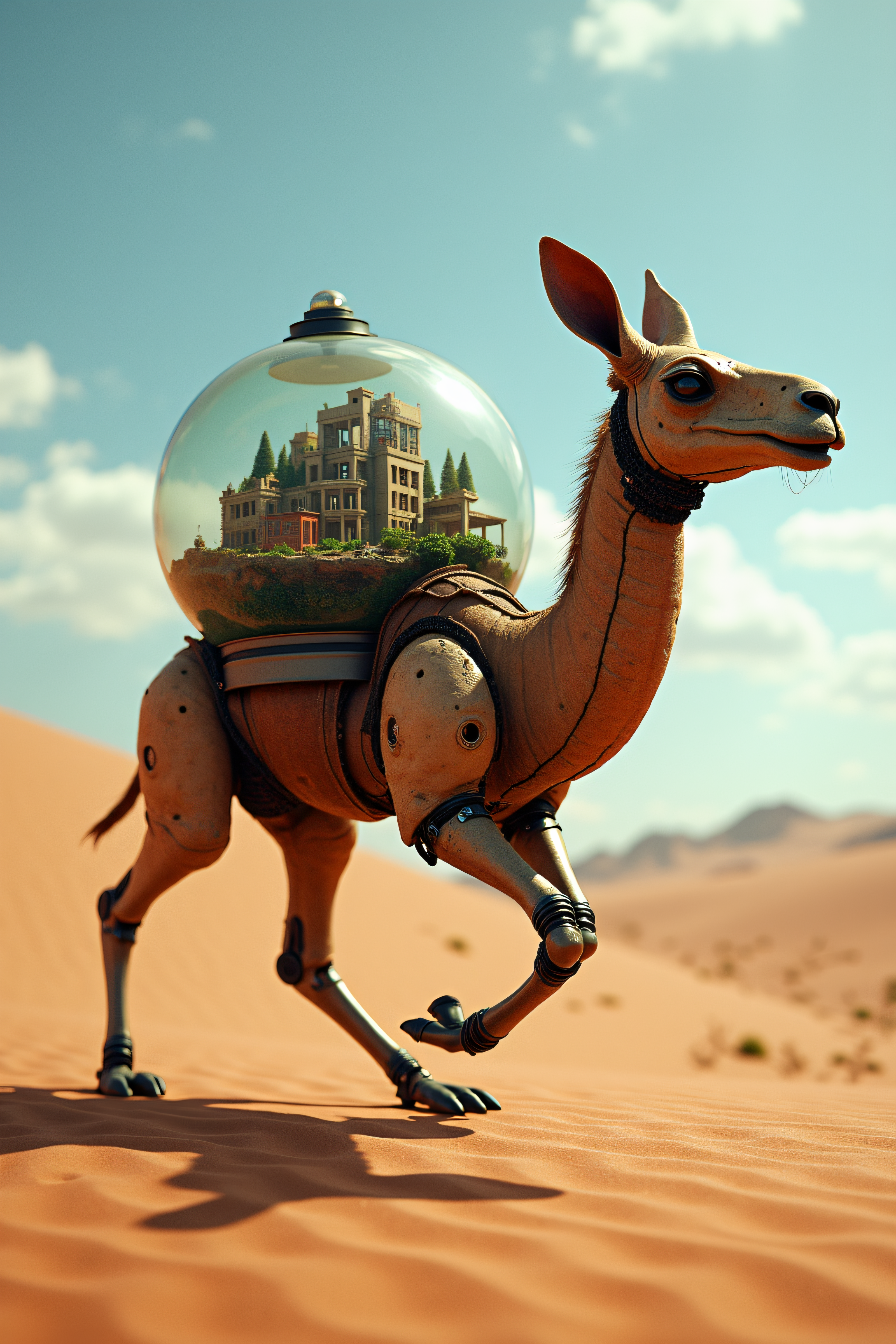national geographic photography of a camal running over a desert, he transport a glass terrarium with a miniture city on his belly, realistic, mechanical vegetal cyborg, futuristic robot organisms, steampunk robot camal animals, steampunk animal, dangerous atmosphere