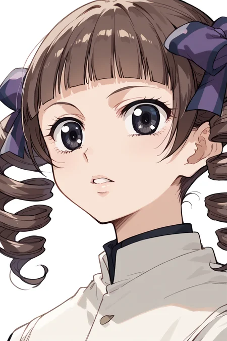 score_9, score_8_up, score_7_up, score_6_up,
<lora:Touko_Matsudaira:1> touko, 1girl, solo, drill hair, parody, brown hair, twin drills, black eyes, bangs, blunt bangs, twintails, parted lips, ribbon, hair ribbon, close-up, portrait