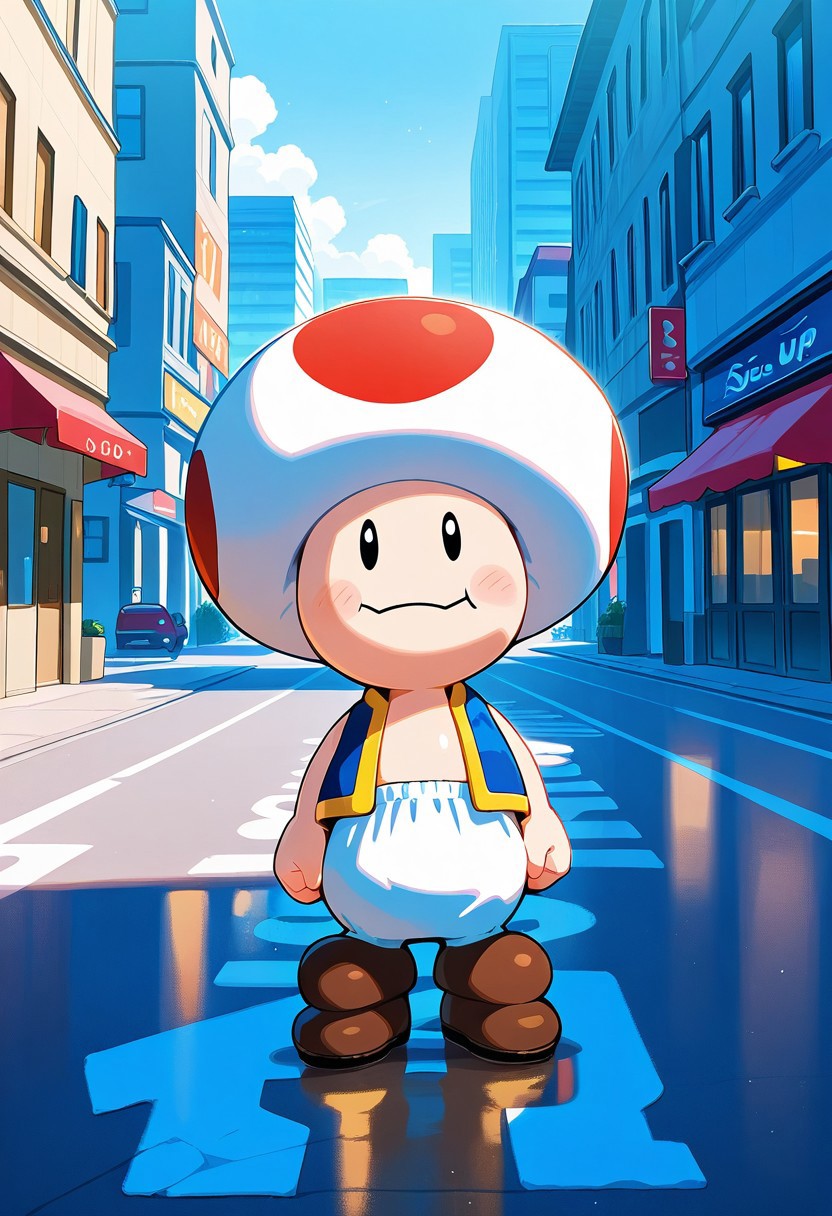 score_9, score_8_up, score_7_up, masterpiece, best quality, amazing quality, ToadCharacter, 1boy, solo, mushroomhat, black eyes, vest, white pants, brown shoes, standing, street, city