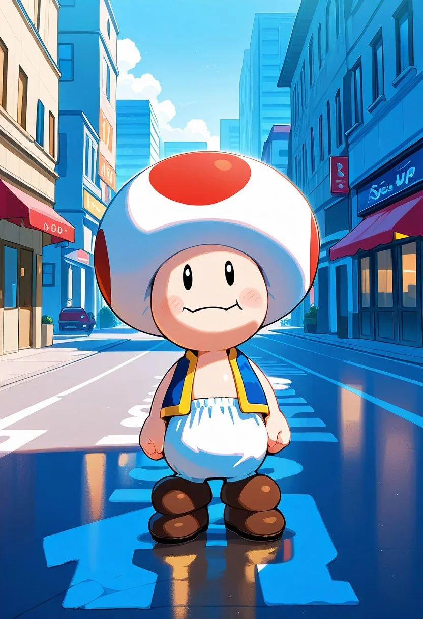 score_9, score_8_up, score_7_up, masterpiece, best quality, amazing quality, ToadCharacter, 1boy, solo, mushroomhat, black eyes, vest, white pants, brown shoes, standing, street, city