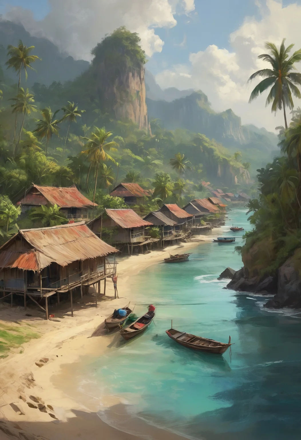 Concept art, speed painting, swift broad strokes, a village on an Indonesian island, idyllic, masterpiece, 8k, hdr, painterly style, rough brushwork, textured paint
