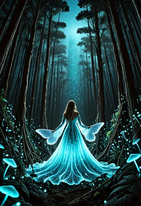 a mesmerizing woman standing in a dense bioluminescent forest, her long flowing hair softly illuminated by glowing blue and violet fungi around her, wearing a sheer, ethereal gown that reflects the soft turquoise light, surrounded by bioluminescent butterflies and floating particles, deep shadows contrast the luminous plants, ambient mist diffuses the glow, starry sky barely visible through the canopy, cinematic lighting, fantasy realism, photorealistic textures, soft depth of field