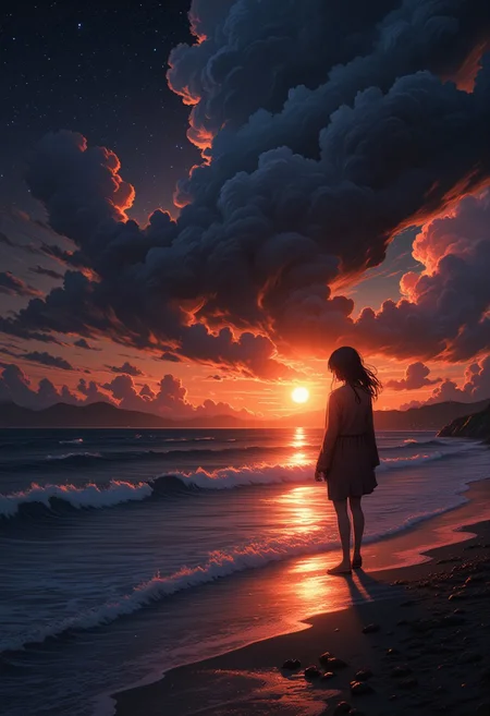 golden hour scene of two friends sharing a quiet moment. The scene showcases a sky filled with shimmering stars and constellations, with a winding river in the background. The lighting casts cool, mysterious shadows, enhancing the surreal beauty of the landscape. The figure is dressed in bohemian attire, adding a mysterious allure. Small details, like waves gently lapping at the shore, bring an extra layer of magic and realism to the scene.}bv-stuanilan<lora:bv-stunning-anime-landscape-v1.safetensors:1.0:1.0>