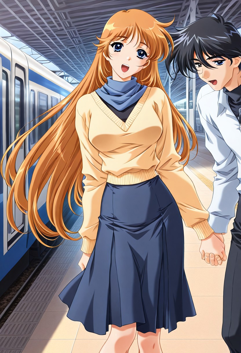 masterpiece, best quality, newest, highres, uncensored, 1girl, yokota mamoru style,1girl, slender face，motion lines,Kobayakawa_Mizuho, blue eyes, very long hair, orange hair, bangs, breasts,Brown Hair , Waist Length hair, Blue Eyes,1990s (style),
1girl, 1boy, holding hands, long hair, blonde hair, scarf, blue eyes, skirt, black hair boy, open mouth, day, long sleeves,train station，train,The girl is on the platform, the girl reaches out and holds the man on the train on the platform.