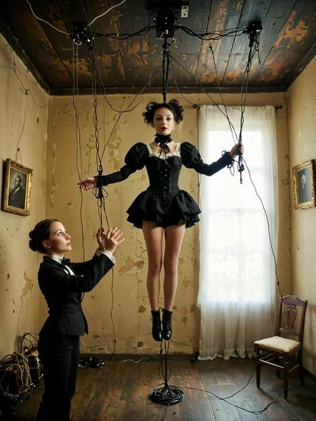 Professional photography.
Human marionettes, controlled by cords from the ceiling.
<lora:OMG-Is-DucHaiten_v1.0:1.0>