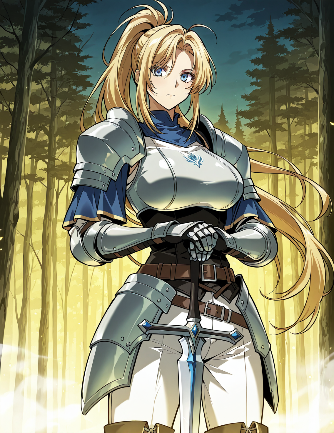 <lora:Kiri_Frodmain Illustrious:1>
1 girl, solo, blue eyes, blonde hair, long hair, ponytail, bangs, large breasts
armor, gauntles, boots, breastplate, belt, shoulder armor, pauldrons, white pants
score_9, score_8_up, score_7_up, very aesthetic, source_anime, detailed, high quality, beautiful, masterpiece, detailed eyes, hands on hilt, looking at viewer, cowboy shot, legs apart, outdoors, night,  yellow theme,  fog,  forest