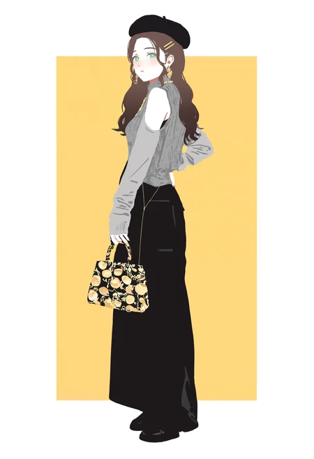 masterpiece, highres, absurdres, newest, very awa, flat color, 1girl, solo, full body, dorothea arnault, long hair, parted bangs, brown hair, green eyes, hairclip, beret, monochrome outfit, grey sweater, long sleeves, black knit sleeveless sweater, layered clothes, necklace, black pants, black footwear, holding bag, abstract flower print bag, gold print bag, bag over shoulder, back view, hand on own hip, looking back, looking at viewer, paneled background, two-tone background, <lora:spo_sdxl_10ep_4k-data_lora_webui>, <lora:TA_trained:0.35>, <lora:NOOB_EPSv1_1_detailer_by_vlnvk_v0_5>, <lora:georgie-san:0.8>