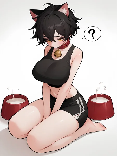 score_9, score_8_up, score_7_up, score_6_up, score_5_up, score_4_up,
BREAK
1girl, black hair, short hair, messy hair, yellow eyes, cat ears, spoken question mark, half-closed eyes, squinting, neck bell, looking down,
BREAK
solo, kneeling, barefoot, black crop top, black top, sleeveless, stomach, large breasts, black sport shorts, red collar, hands between legs, milk bowl, red bowl,
BREAK
white background, <lora:Lunas-Rabbit-SDXL-A1:1>