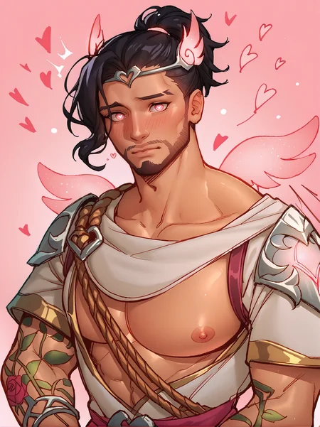 cupid_hanzo man, close up, bara, black hair, ponytail, exposed pec, heart pupils, facial hair, pink hearts, greek clothes, flustered, shocked, looking at viewer, surprised, blushing, surrounded by hearts, rose tattoos, outdoors, cherry blossom background <lora:Cupid_Hanzo:.8>, score_9, score_8_up, score_7_up, <lora:add-detail-xl:.8> zPDXL3,