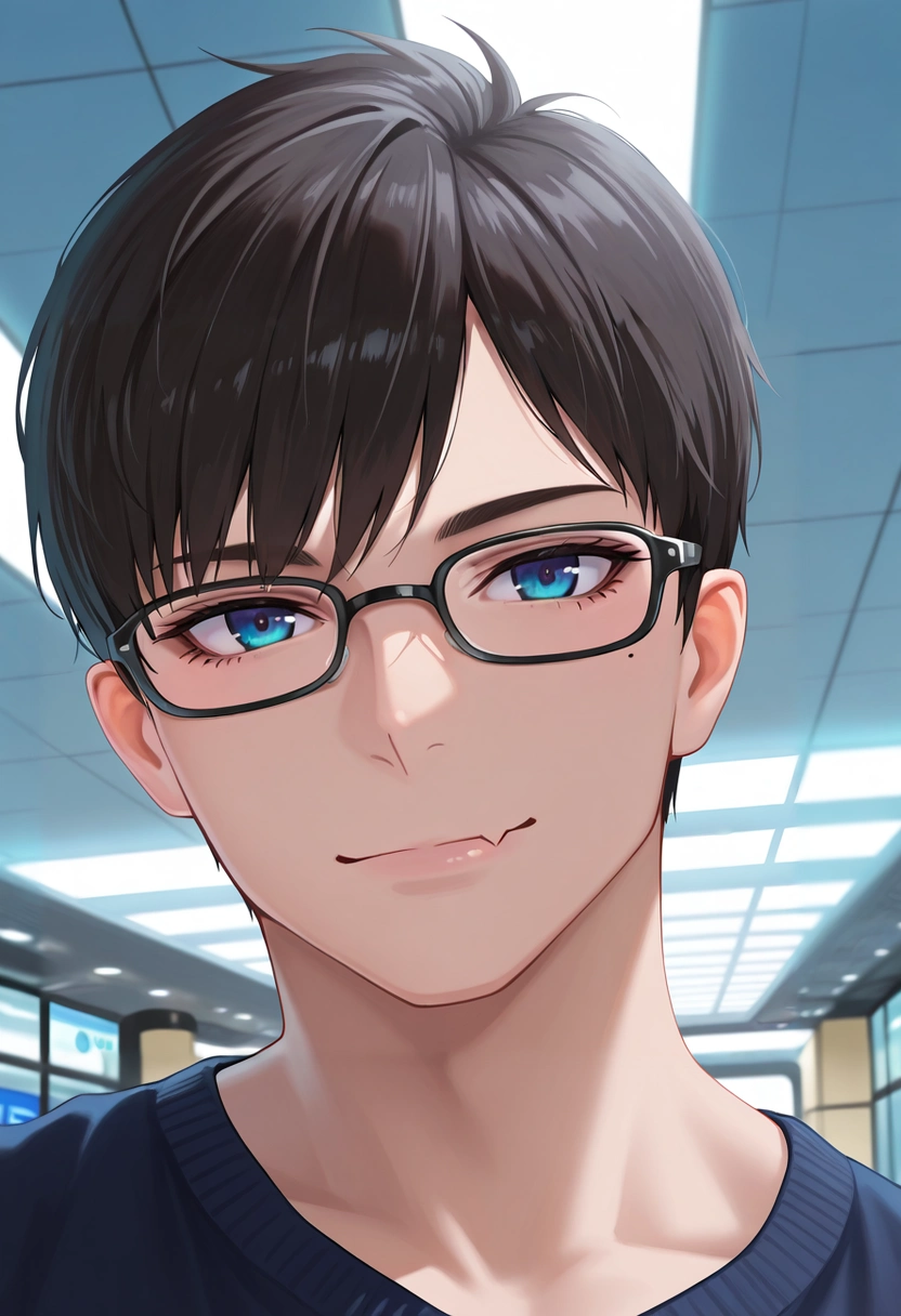 masterpiece, best quality, , (realistic:0.6), looking at viewer, 1boy, solo, male focus, <lora:yukio_okumura_ilxl:1>, yukio_okumura, black hair, blue eyes, mole, mole under eye, glasses, black-framed eyewear, close-up, airport, indoors, light, floating, skin fang, ,