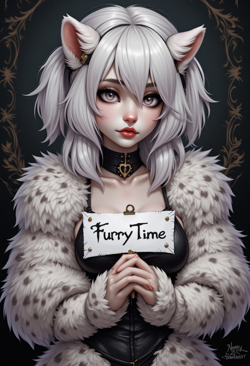 digital_media_(artwork) hi_res, score_9, score_8_up, score_7_up, score_6_up, score_5_up, score_4_up, rating_safe, beautiful, intricate, high quality details, highly detailed, amazing quality, anthro, furry, female, detailed textured fur, fur tufts, fluffy,  cute, small, detailed sexy eyes, solo, SFW, snow leopard, spotted fur,, multicolored hair, streaked hair, absurdres, highres, goth, heavy eyeliner, heavy eye shadow, breasts, holding a sign with text "Furry Time", digital art, anthro