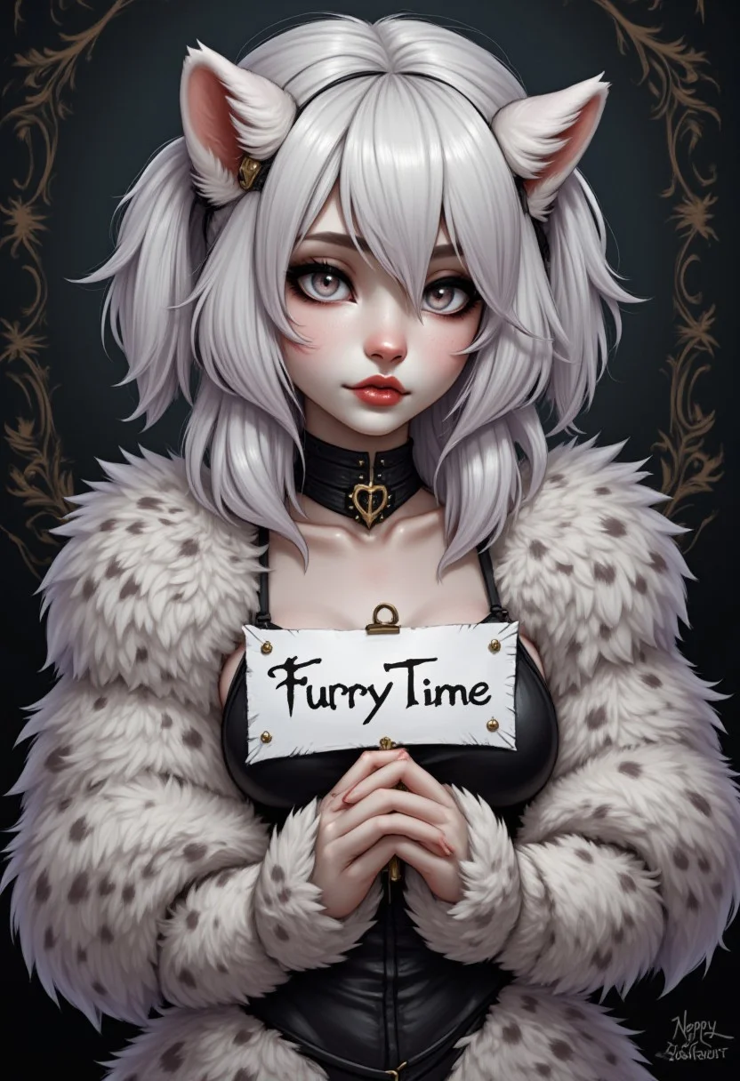 digital_media_(artwork) hi_res, score_9, score_8_up, score_7_up, score_6_up, score_5_up, score_4_up, rating_safe, beautiful, intricate, high quality details, highly detailed, amazing quality, anthro, furry, female, detailed textured fur, fur tufts, fluffy, cute, small, detailed sexy eyes, solo, SFW, snow leopard, spotted fur,, multicolored hair, streaked hair, absurdres, highres, goth, heavy eyeliner, heavy eye shadow, breasts, holding a sign with text "Furry Time", digital art, anthro