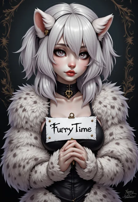 digital_media_(artwork) hi_res, score_9, score_8_up, score_7_up, score_6_up, score_5_up, score_4_up, rating_safe, beautiful, intricate, high quality details, highly detailed, amazing quality, anthro, furry, female, detailed textured fur, fur tufts, fluffy, cute, small, detailed sexy eyes, solo, SFW, snow leopard, spotted fur,, multicolored hair, streaked hair, absurdres, highres, goth, heavy eyeliner, heavy eye shadow, breasts, holding a sign with text "Furry Time", digital art, anthro