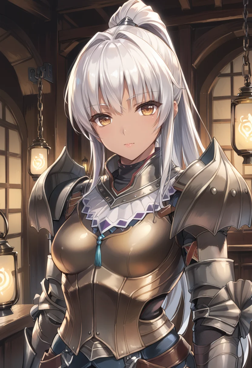 (score_9:0.9),score_8_up,score_7_up,rating_safe,anime style,(zPDXL),(zPDXL3),<lora:Kushala Armor ponyXL v1:0.7>,kushala armor,1girl,solo,bronze armored gauntlets,white hair,standing,looking at viewer,dark-skinned female,bronze shoulder armor,long hair,bronze breastplate,lantern, high ponytail, upper body,