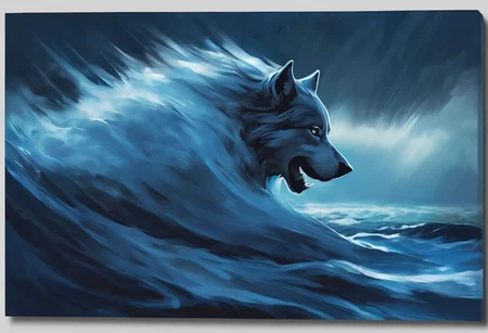 digital painting brushstrokes, massive wave shaped like a wolf, ocean, storm, torrential rain, darker, moonlight, cinematic composition, soft shadows, dramatic lighting, epic lighting, cold colours, blue palette