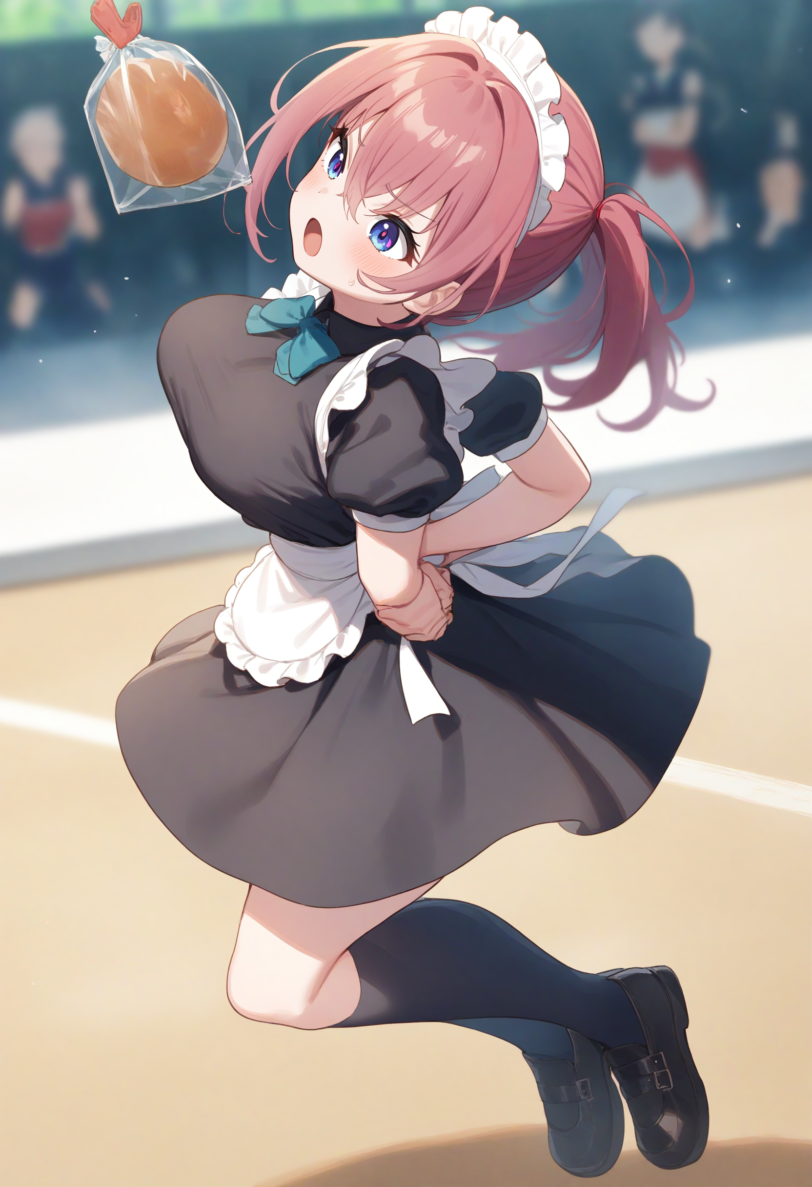 1girl,sincos, ningen mame, toosaka asagi,solo,medium breasts,20yo,maid,maid headdress,
bread eating race,sports festival,bread,arms behind back,<lora:breadeatingrace_XL_v1:0.8>
open mouth, bouncing breasts, plastic bag,
from behind, full body, looking away, pink hair, purple eyes,serious, open mouth, bowl cut hair,,
best quality, very aesthetic, absurdres