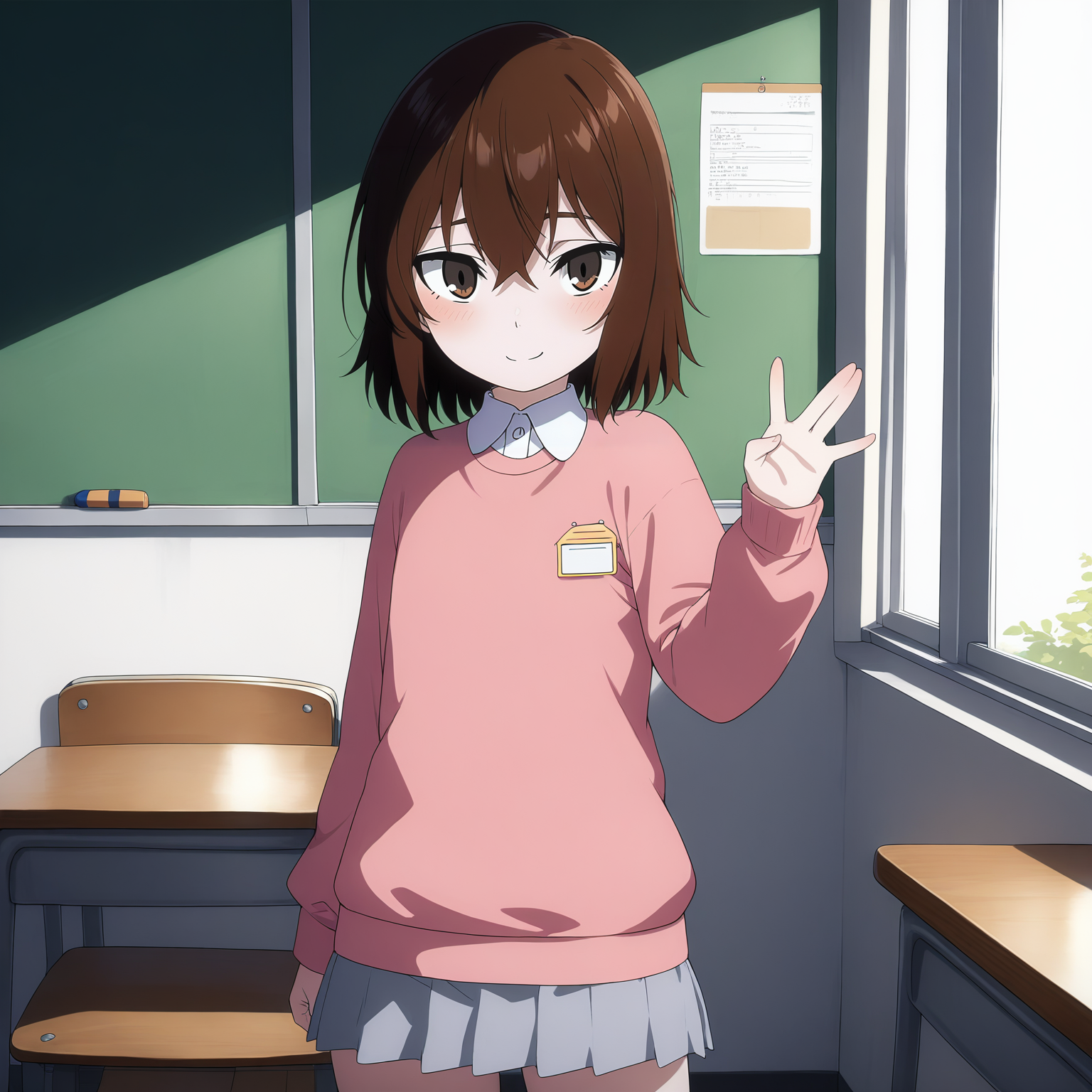 pixiv masterpiece, score_9, score_8_up,  source_anime, score_7_up, best quality, high res, absurd res, 
<lora:Kayo_Hinazuki_Illustrious_v19-000013:1>,kayo_hinazuki_il, 1girl, brown_eyes, short_hair, brown_hair, light_pink_sweater, single_button_collared_shirt, grey_skirt, solo, window, classroom,  faint smile, cowboy shot, name_tag, from side