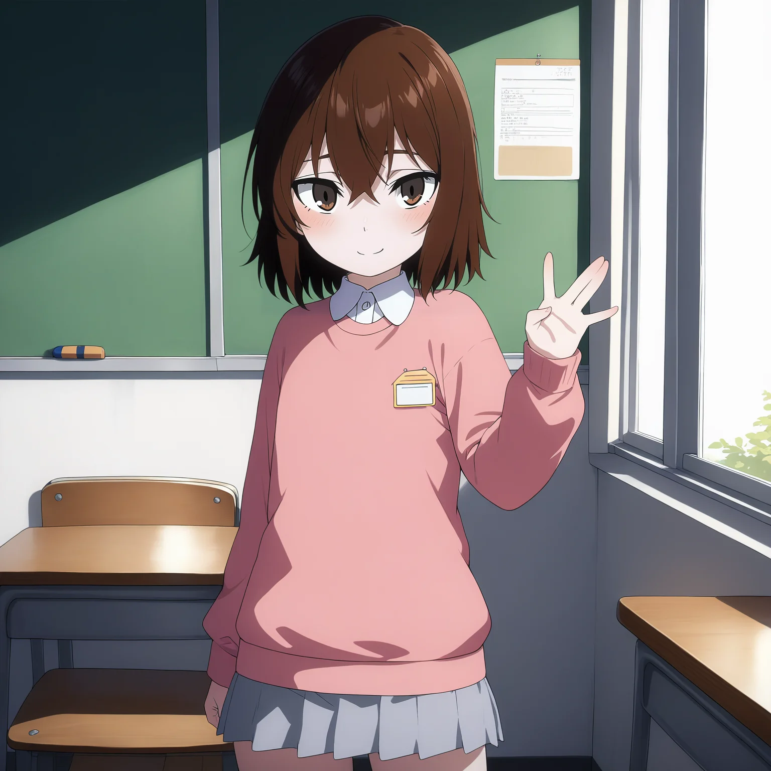 pixiv masterpiece, score_9, score_8_up, source_anime, score_7_up, best quality, high res, absurd res,
<lora:Kayo_Hinazuki_Illustrious_v19-000013:1>,kayo_hinazuki_il, 1girl, brown_eyes, short_hair, brown_hair, light_pink_sweater, single_button_collared_shirt, grey_skirt, solo, window, classroom, faint smile, cowboy shot, name_tag, from side