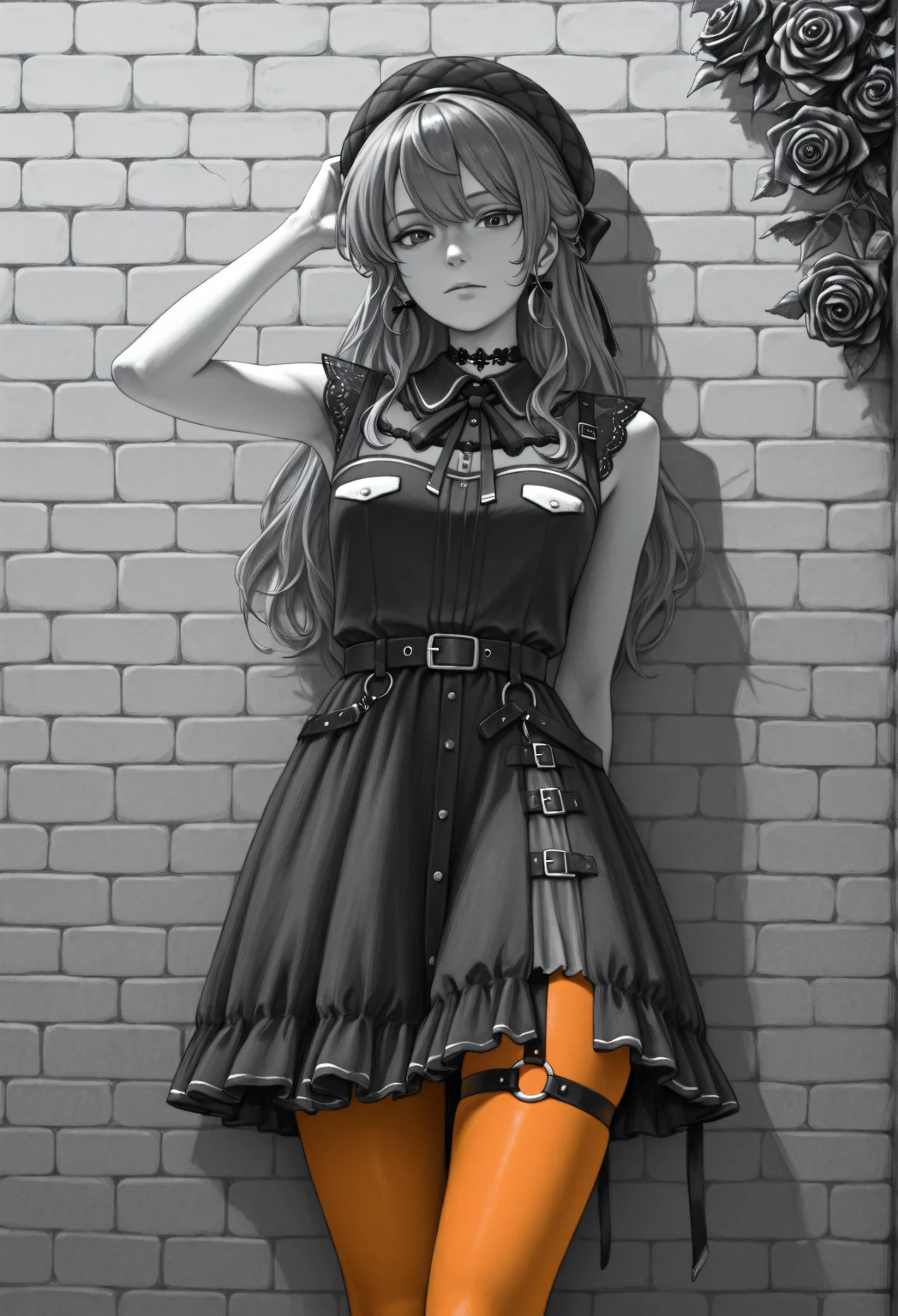 <lora:SketchArtV2:1.0>, greyscale, monochrome, sk3tch, hatching/(texture/),
Su1se1Str, long hair, half updo, black beret, black dress, collared dress, sleeveless, bow earrings, lace choker, neck ribbon, black belt, orange pantyhose, o-ring thigh strap, single garter strap,
against wall, leaning back, brick wall, flower, rose, looking at viewer, shadow, shaded, hand_on_headwear, very awa, masterpiece, best quality, highres, absurdres, H0sh1mach1Su1se1, blue eyes, blue hair,
<lora:ChamHoshimachiSuiseiIllustriousXL:0.8>