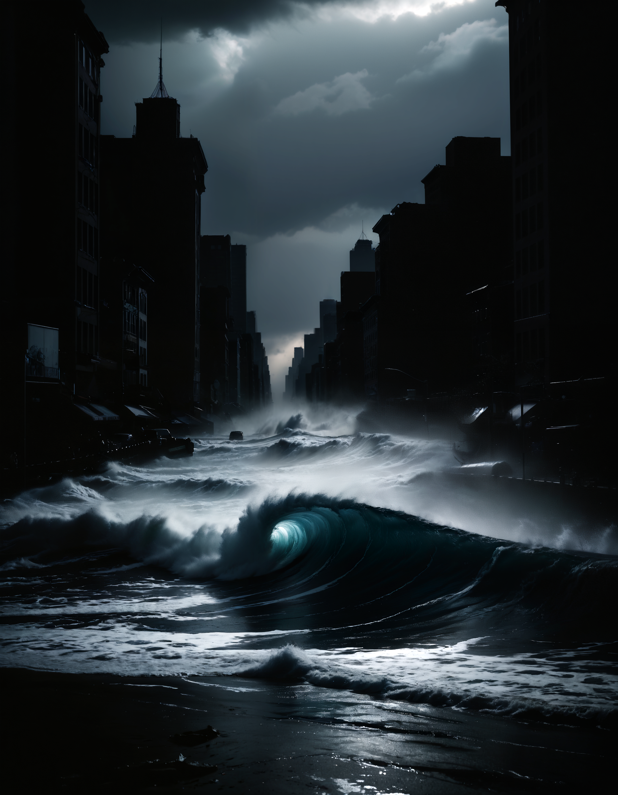 dark photo of a tsunami inundating new york city as seen from street, crashing wave, (tsunami:1.3), The Great Wave off Kanagawa, chiaroscuro, dark, low-key,