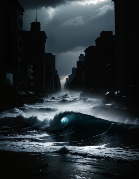 dark photo of a tsunami inundating new york city as seen from street, crashing wave, (tsunami:1.3), The Great Wave off Kanagawa, chiaroscuro, dark, low-key,