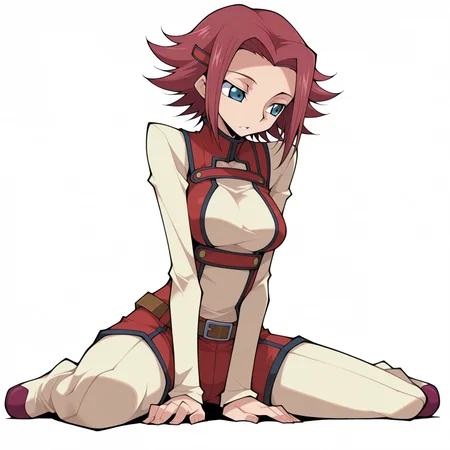 1girl, solo,
Kallen Stadtfeld, Code Geass, ,
simple background, white background, (:1.3) happy seductive pose, (wariza , looking away ,
parted lips ,
<lora:DarkfireStyle19:1.25>