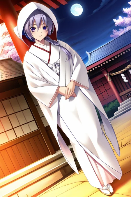 (masterpiece, best quality, game cg,highly_detailed,extremely_detailed_CG_unity_8k_wallpaper,illustration,highres,absurdres:1.2),1girl,solo, <lora:Ryou_Yakata:1>YKTRyou,violet hair,purple eyes,short hair,spiky bangs,long braid,uchikake, wataboushi, shiromuku, white and red kimono, hooded kimono, bride, japanese clothes, hood,looking at viewer,embarassed,happy,cute smile,outdoor,cherry blossom sakura,moon,shrine,dutch angle,form below,full body