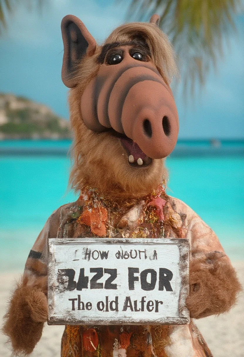 a photo of the newly discovered animal, <lora:flux_Alflux:1> Alflux, wearing a Hawaiian shirt, holding a sign with text:"How about a Buzz for the old Alfer?" the setting is a tropical beach