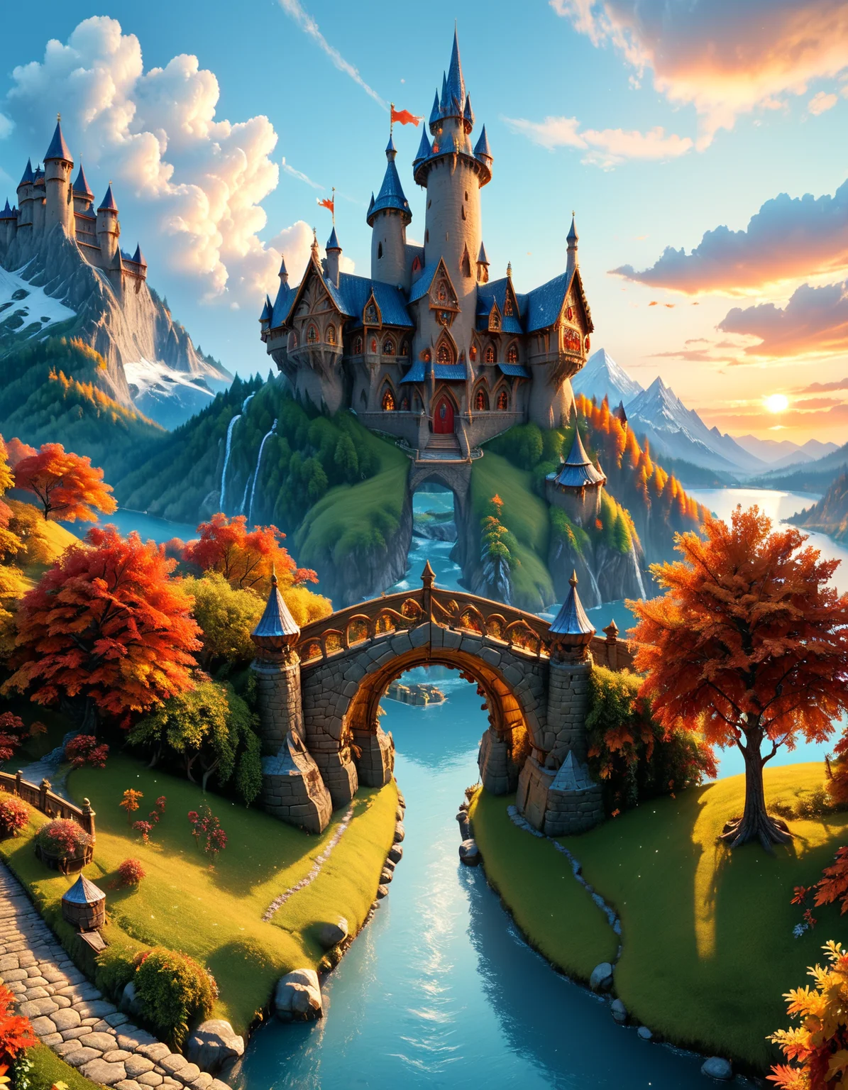 score_9, score_8_up, score_7_up, score_6_up, score_5_up, score_4_up score_9,score_8_up, Fantasy landscape, fairytale castle, medieval architecture, towering spires, turrets, mountain backdrop, snowy peaks, autumn scenery, vibrant fall colors, red foliage trees, blue lake, river stream, wooden bridge, thatched cottages, dramatic clouds, fiery sunset sky, warm color tones, fairy-tale illustration, whimsical, magical atmosphere
, <lora:add-detail-xl:1>, <lora:MJ52:0.5>, <lora:xl_more_art-full_v1:0.5>, <lora:detailed_notrigger:1>, <lora:d3t41l3dXLP:0.5>, <lora:sss:1>