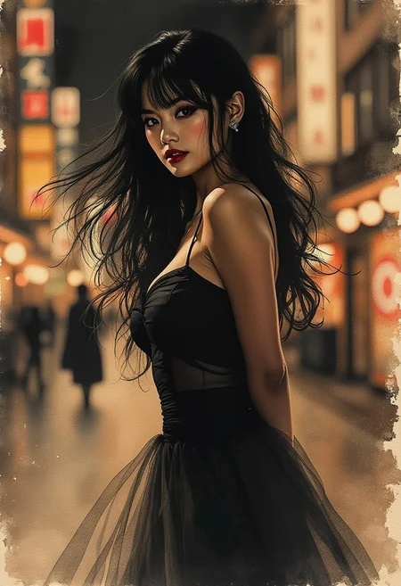 Expressive Watercolor Ink Wash, Inkplash art on rice paper, sepia, henna , Silhouette Art, magnificent, stunning japanese femme fatale, long flowing hair, sidelocks, dark eyeshadow, red lips, direct gaze, silhouetted at night, wearing sexy cocktail dress, bokeh, chiascuro, dark abstract background of a blurred busy Tokyo backsreet