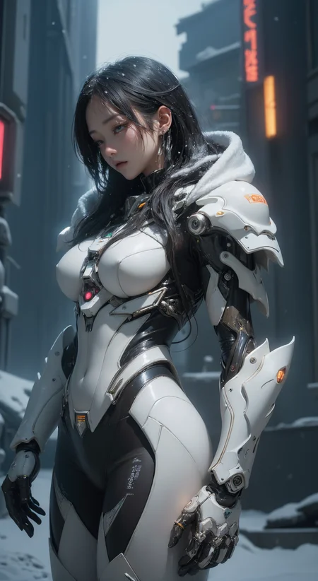 (masterpiece,top quality,best quality,official art,beautiful and aesthetic:1.2), ,,snow ,cry,, elegant, highly detailed, , sharp focus,,,cyberpunk,,fried ballads,,(luminescence:1.3),<lora:nijiarmor:.6> cybersuit,(snow mountain:1.3)