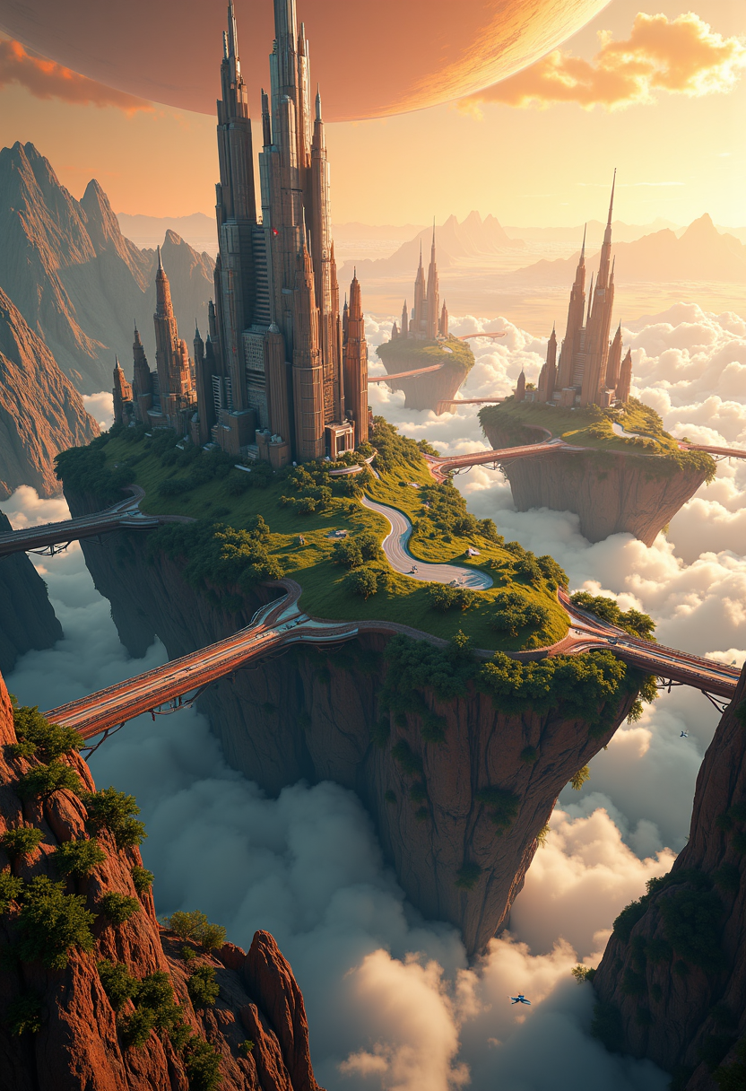 photorealistic,highly detailed,islands floating in space,covered by shimmering force field,orbiting mars,different altitudes,land bridges,lush foliage,towering futuristic,skyscrapers,shuttles flying down to the planet,sci-fi,magical,8k,unreal engine,octane render,ray tracingThe islands are positioned at varying altitudes and interconnected by expansive land bridges.,<lora:Flux_Detailer_v3:0.8>,Jeddtlv3,