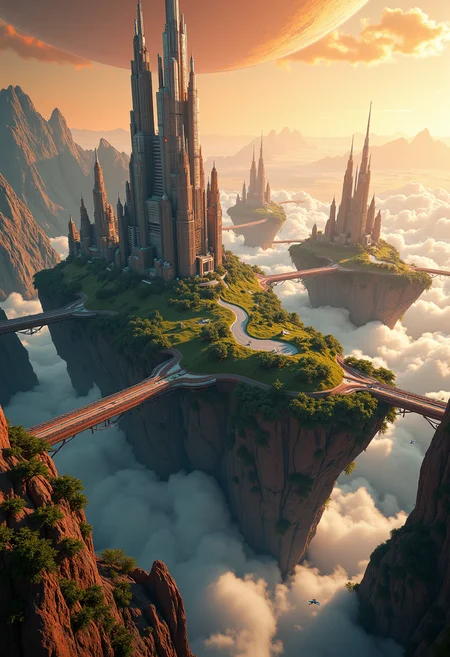 photorealistic,highly detailed,islands floating in space,covered by shimmering force field,orbiting mars,different altitudes,land bridges,lush foliage,towering futuristic,skyscrapers,shuttles flying down to the planet,sci-fi,magical,8k,unreal engine,octane render,ray tracingThe islands are positioned at varying altitudes and interconnected by expansive land bridges.,<lora:Flux_Detailer_v3:0.8>,Jeddtlv3,