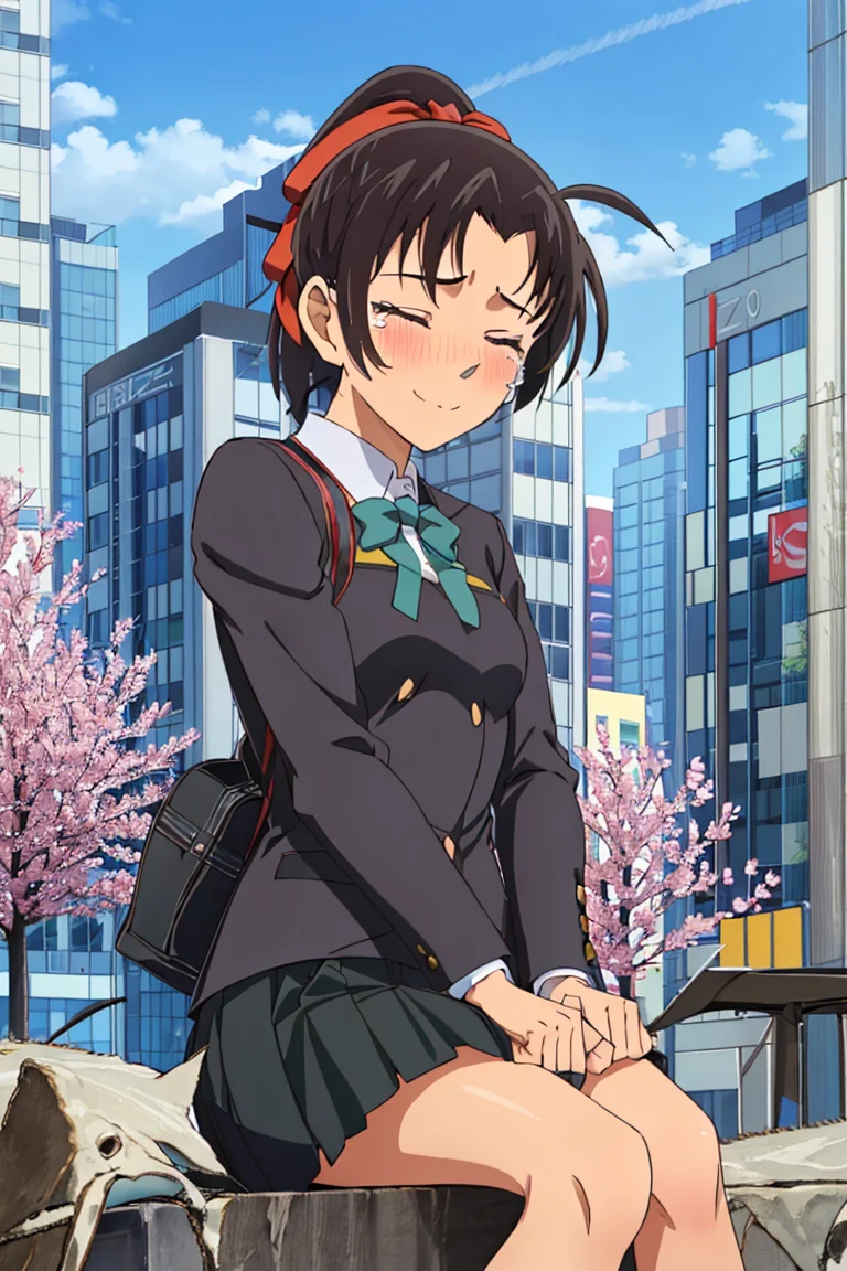 kazuhatv,1girl,solo,short hair,hair ribbon,ponytail,small breasts,school uniform, pleated skirt,sky,cityscape,sitting, looking at viewer,closed eyes, nose blush,happy, wiping tears,
<lora:kazuhatv:0.8>