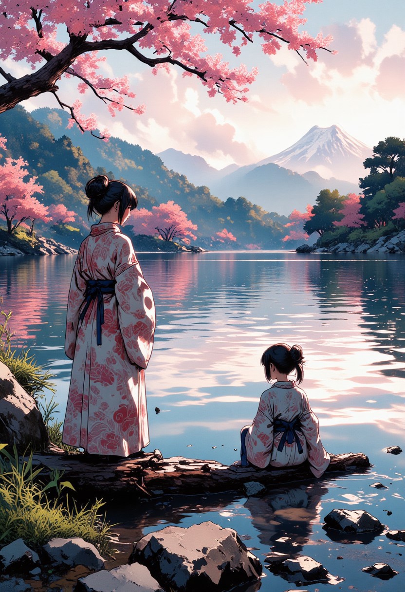 nistyle, Mh1$AgThS2, intricate linework with expressive contrasts, soft lighting with dynamic highlights, a tranquil large lake in the uplands, sakura trees, blossom, mist, dawn, reflection, with mount fuji in the distance, 2 japanese women in patterned knimons, obis