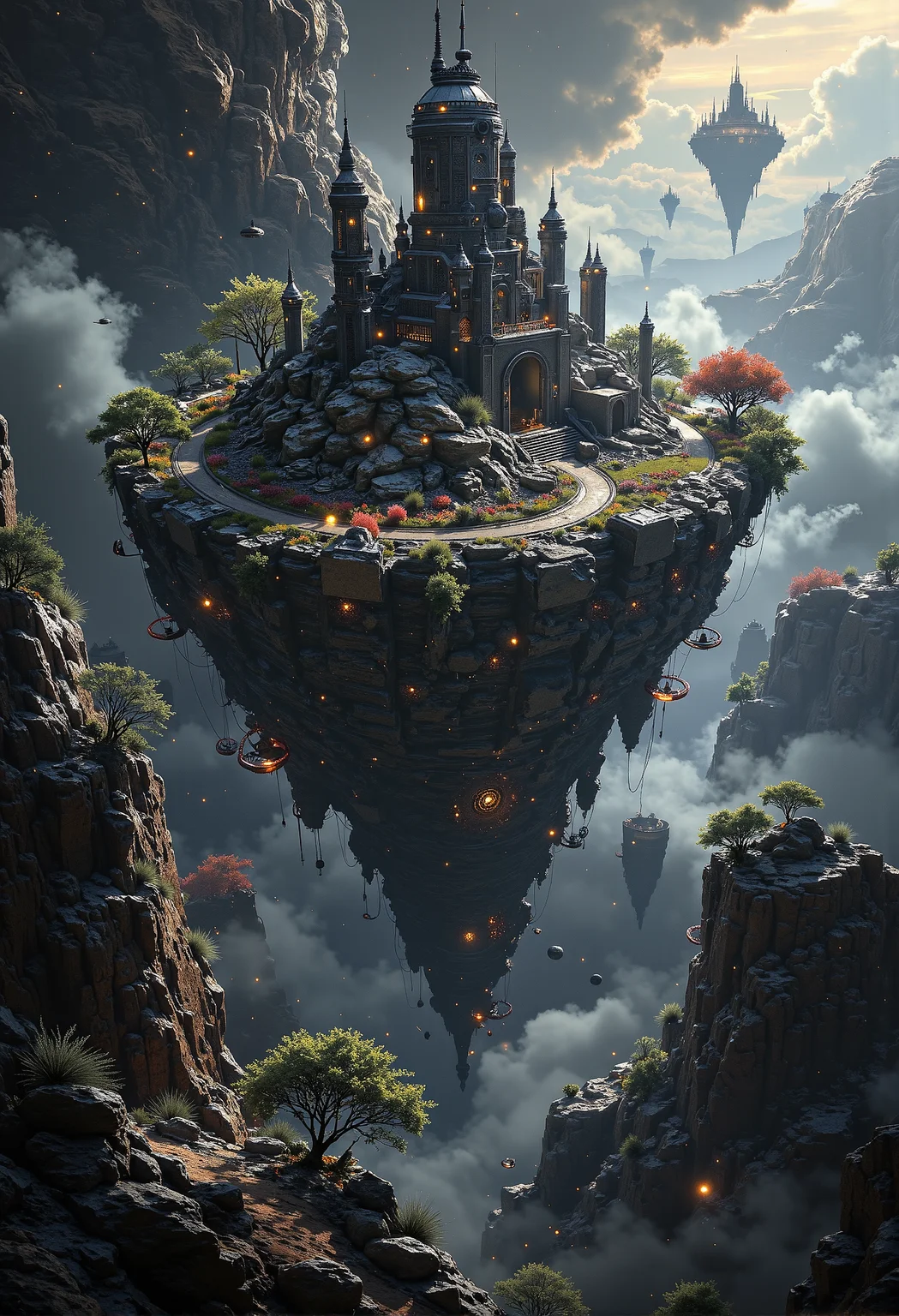 A floating city in space, built into a massive asteroid, with shining metallic towers and glowing force fields containing lush gardens <lora:black_fantasy.safetensors:0.5>, <lora:we-br-v2.safetensors:0.75>,