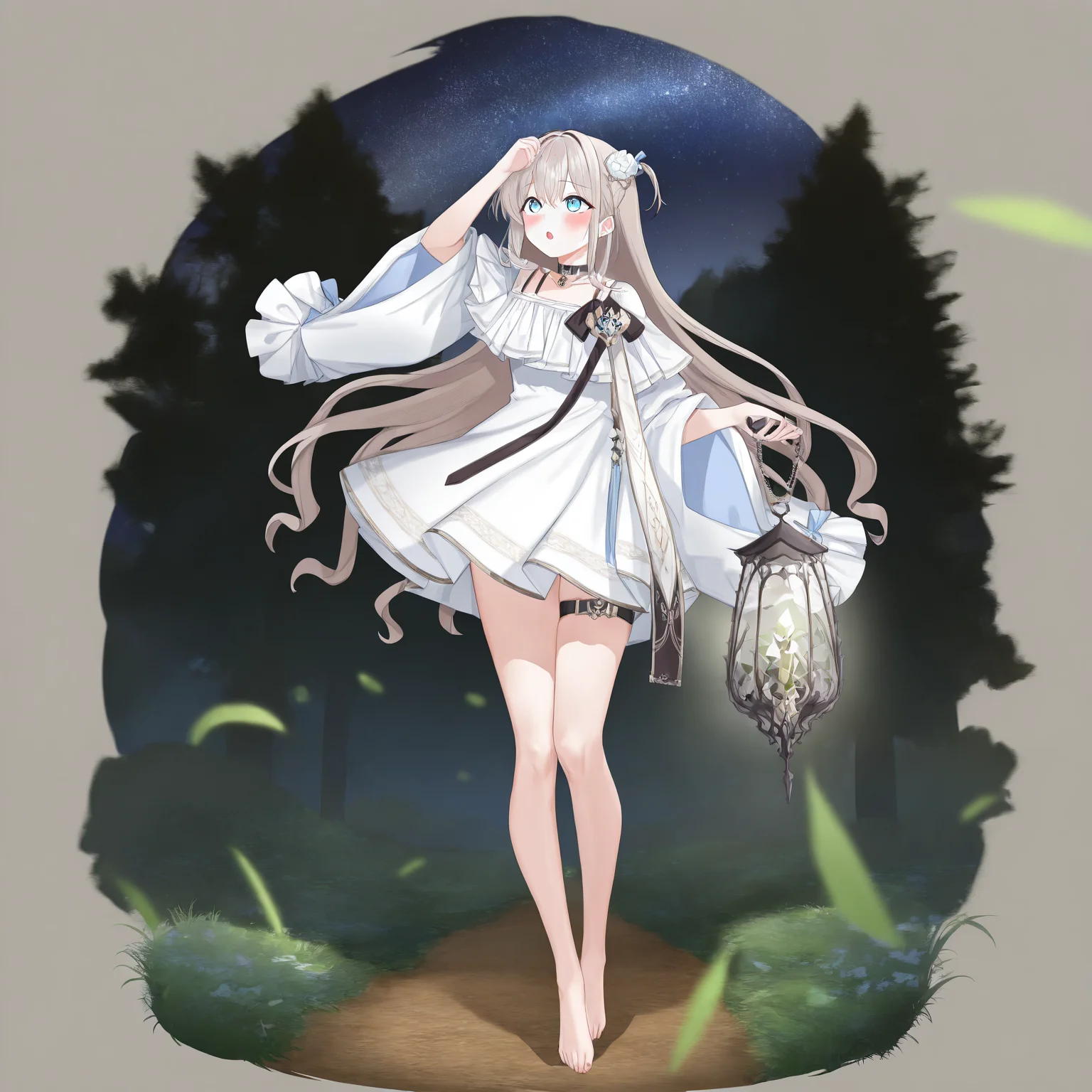 1girl, solovey, solo, full body, three-quarter view, blush, aqua eyes, (5 fingers), looking up, :o, white dress, hair ornament, thigh strap, barefoot, holding lantern, arm up, night, forest, starry sky, walking, vines, black choker, very awa, masterpiece, best quality, highres, absurdes, depth of field, newest, year2024, <lora:solovey:1>