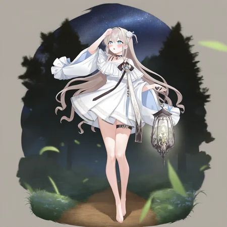 1girl, solovey, solo, full body, three-quarter view, blush, aqua eyes, (5 fingers), looking up, :o, white dress, hair ornament, thigh strap, barefoot, holding lantern, arm up, night, forest, starry sky, walking, vines, black choker, very awa, masterpiece, best quality, highres, absurdes, depth of field, newest, year2024, <lora:solovey:1>
