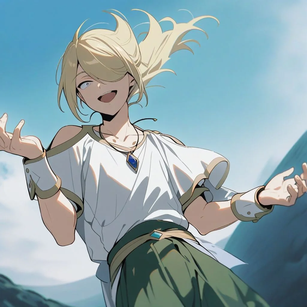 solo, 1boy, male focus, blonde hair, grey eyes, hair over one eye, VoloSinnoh, floating hair, white shirt, wrist cuffs, green pants, shoulder cutout, necklace, smile, masterpiece, best quality, outdoors, open mouth